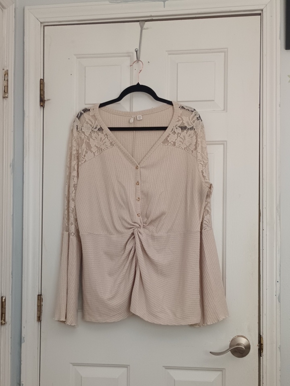 Cato Cream Lace-Shoulder Twist Front Long Sleeve Top